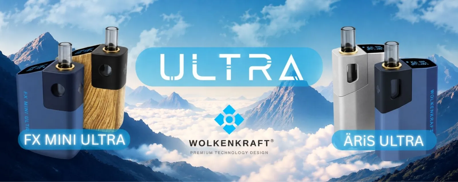 Der WOLKENKRAFT ÄRiS ULTRA Vaporizer mit patentierter ECA-Technologie bietet Titan-Kammer, vollständig isolierten Luftweg und präzise Temperaturregelung von 100 °C bis 220 °C. Der WOLKENKRAFT ÄRiS ULTRA Vaporizer ist in Gun-Metal und Nachtblau erhältlich