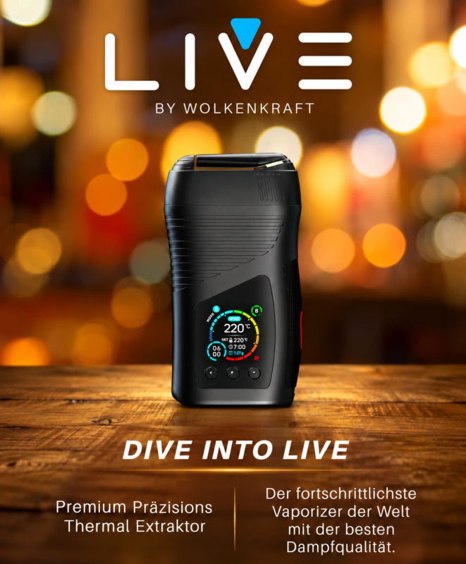 Der WOLKENKRAFT LIVE Vaporizer ist ein Premium-Präzisions-Thermalextraktor mit patentiertem Hybrid-Konvektionsheizsystem und COOLSCREEN-Kühlsystem. Der WOLKENKRAFT LIVE Vaporizer überzeugt mit Edelstahl Luftkanal, Titankammer, Smart-Display und 5 Jahren H